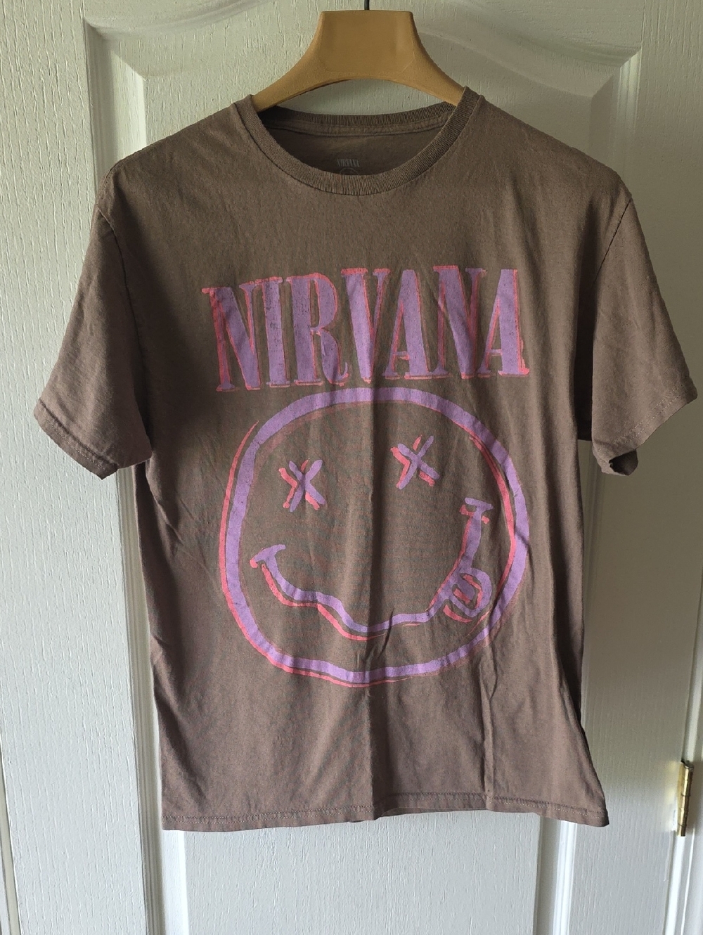 NIRVANA Brown Tee with Pink and Purple Smiley Print